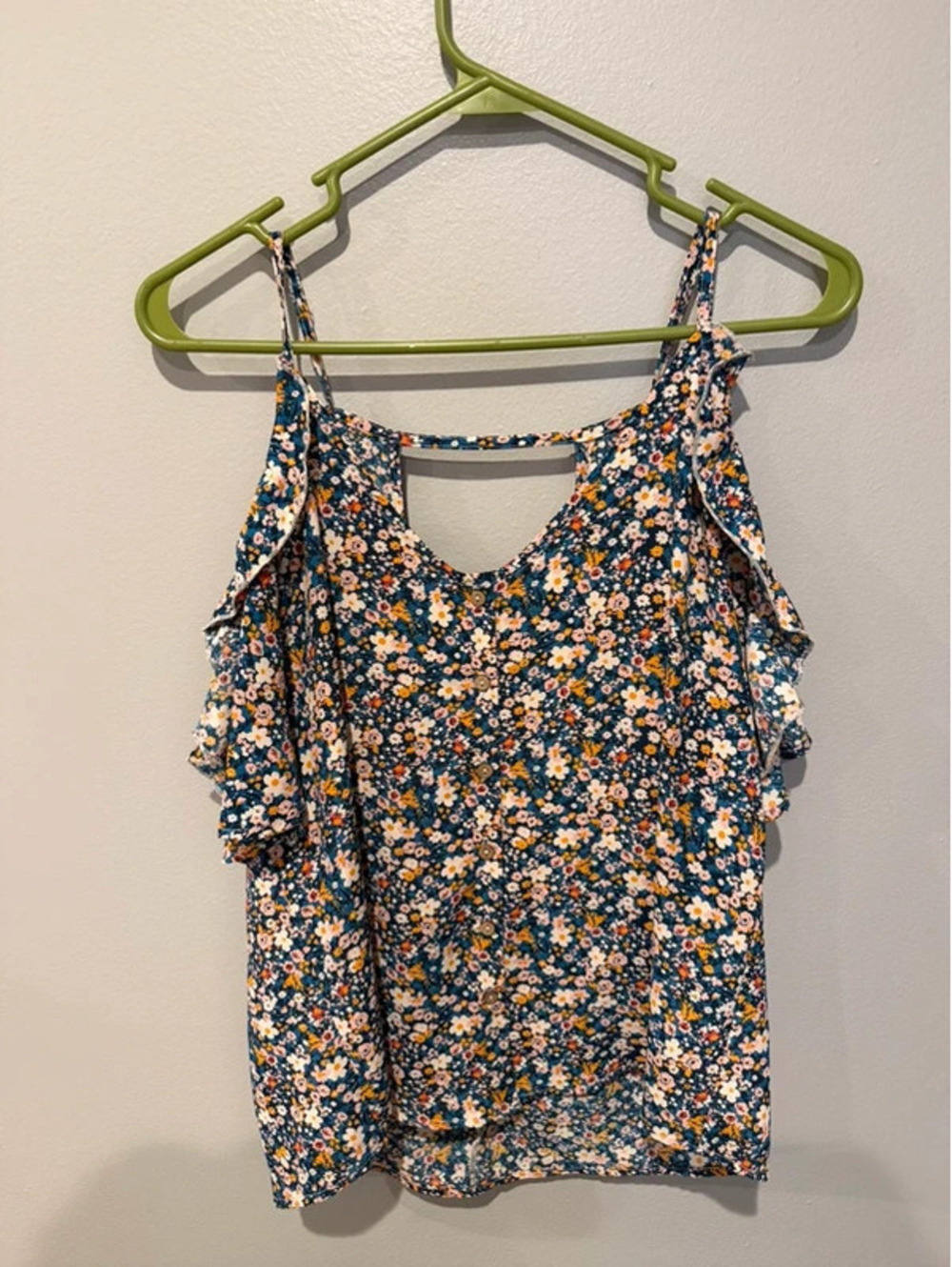Daytrip Floral Cold Shoulder Blouse Size Small Blue Ruffle Top
